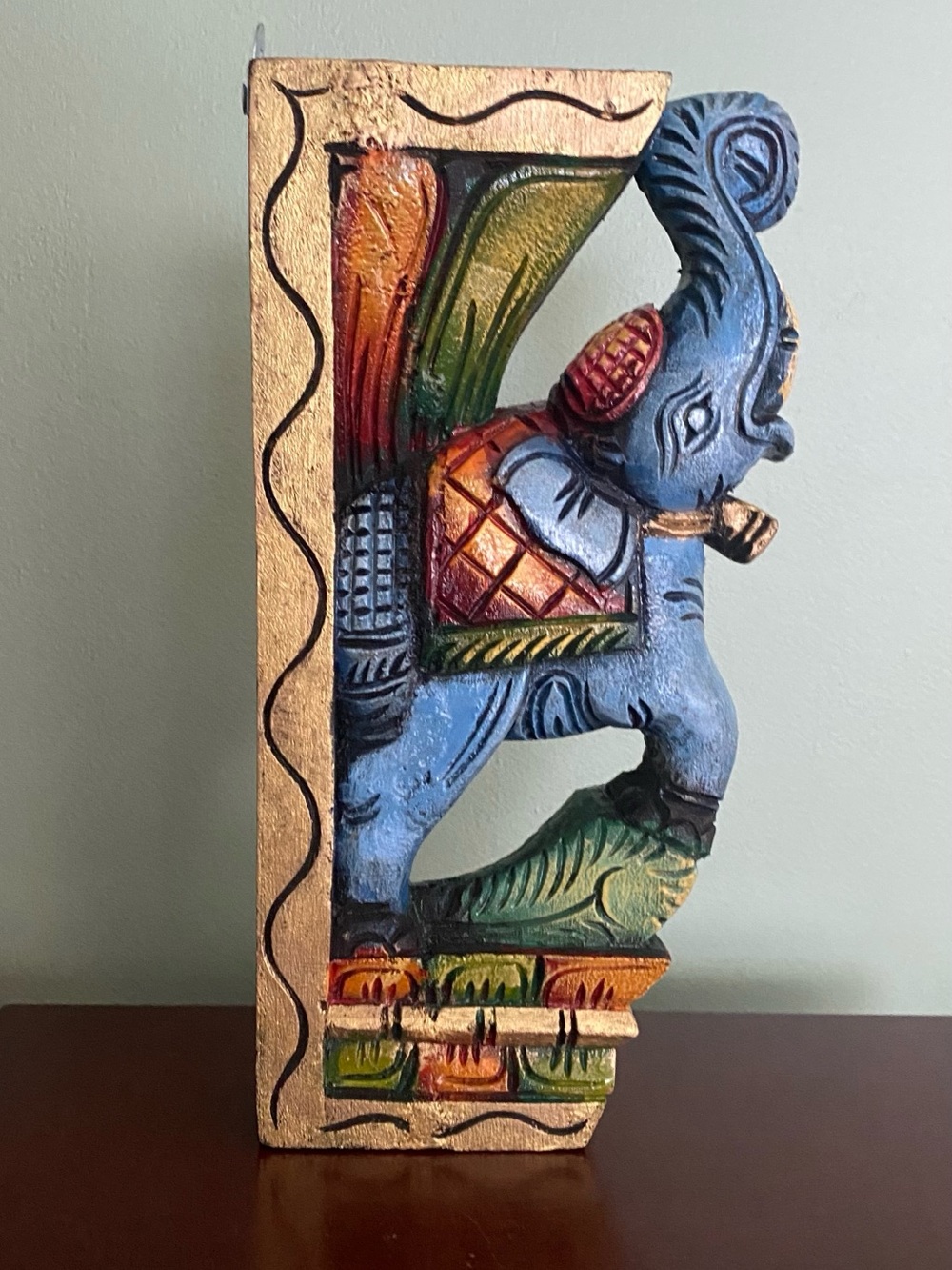 🍀VTG Elephant Wall Art Hand Painted Blue Wall Bracket